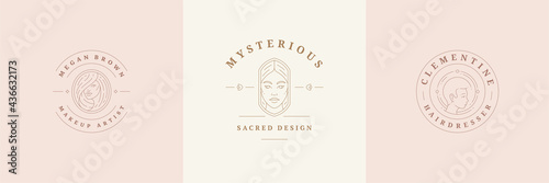 Feminine logos emblems design templates set with magic woman portraits vector illustrations minimal line art style.