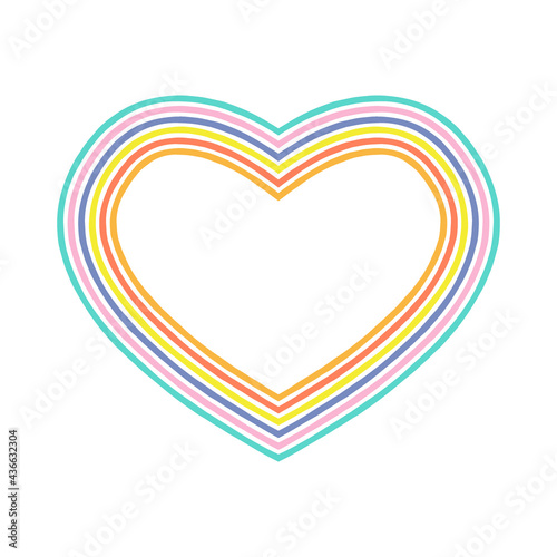 Rainbow heart vector illustration isolated on white. Colourful modern hippie heart shaped frame. Boho love peace vibes graphic design element.