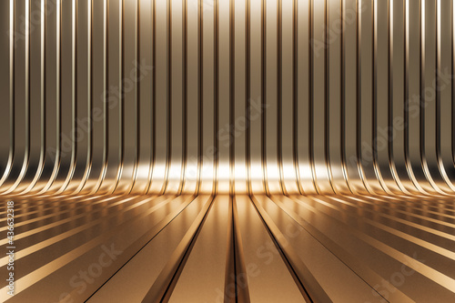 Abstract shiny golden interior with lines. 3D Rendering.