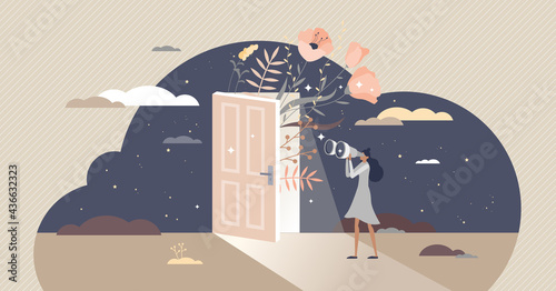 Curiosity and cognition with looking in unknown future tiny person concept. Female exploring and observe process as standing with binoculars and view surroundings vector illustration. Curious scene. photo