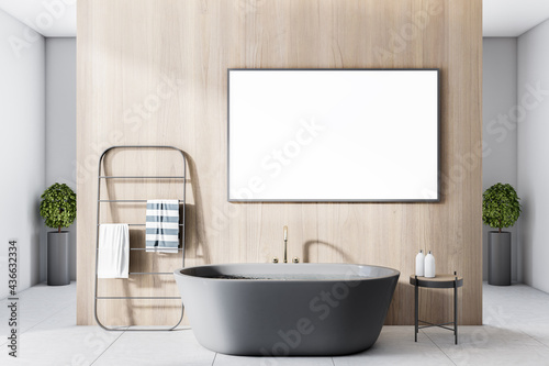 Modern bright bathroom interior with empty poster on wooden wall. Mock up  3D Rendering.