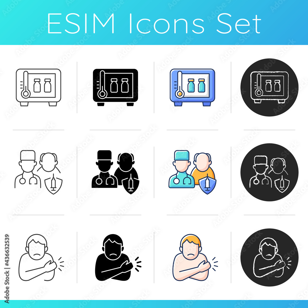 Vaccination icons set. Vaccine supply storage. Priority list for immunizaion. Arm injection side effect. Patient and doctor. Linear, black and RGB color styles. Isolated vector illustrations