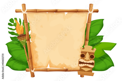 Tiki tribal hawaiian mask, statuette with human face on bamboo frame with parchment, torch in cartoon style decorated exotic, palm leaves isolated on white background. God from ancient of Hawaii. 
