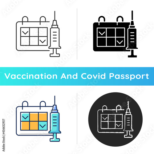 Two dose vaccination icon. Schedule for drug injection. 2 doze vaccine schedule. Hospital appointment. Health care, medicine. Linear black and RGB color styles. Isolated vector illustrations