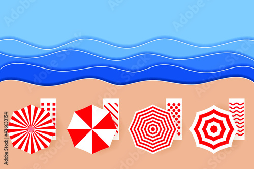 Top view of the sandy beach. Beach umbrellas and sea waves in flat design. Vacation or travel concept vector illustration