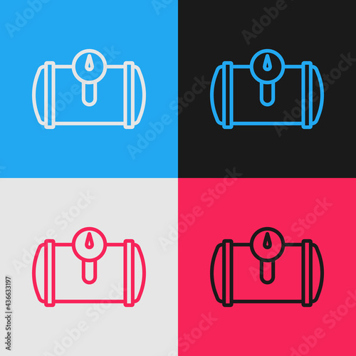 Pop art line Gas tank for vehicle icon isolated on color background. Gas tanks are installed in a car. Vector