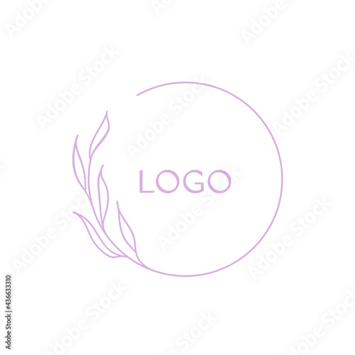 Minimalist circle round logo design. Vector hand drawn leaves frame. Isolated on white background.