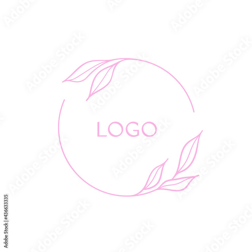 Simple minimalist feminine logo design. Vector hand drawn floral wreath. Isolated on white background.