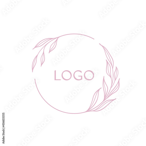 Beautiful gentle floral logo design. Vector hand drawn graphics. Isolated on white background.