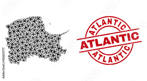Atlantic grunge seal, and Pomeranian Voivodeship map mosaic of airplane elements. Mosaic Pomeranian Voivodeship map created with airplanes. Red seal with Atlantic word, and corroded rubber texture.
