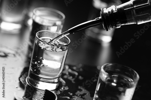 Canvastavla Bottle of vodka and in a shot glass close-up.