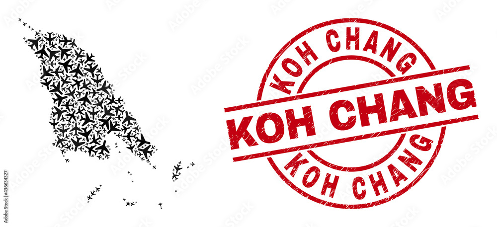 Koh Chang distress seal stamp, and Koh Chang map mosaic of air plane items. Mosaic Koh Chang map created with aeroplanes. Red badge with Koh Chang word, and distress rubber texture. Koh Chang distress seal stamp, and Koh Chang map mosaic of air plane items. Mosaic Koh Chang map created with aeroplanes. Red badge with Koh Chang word, and distress rubber texture.