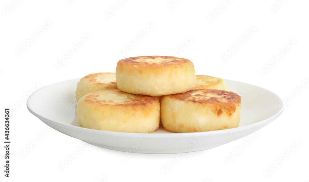 Delicious cottage cheese pancakes on white background