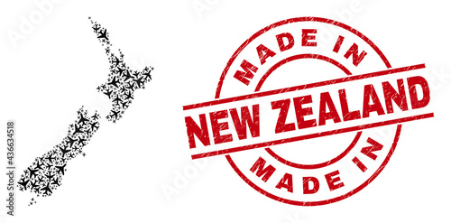 Made In New Zealand scratched badge, and New Zealand map collage of air force elements. Collage New Zealand map designed of air force symbols. Red seal with Made In New Zealand text, photo