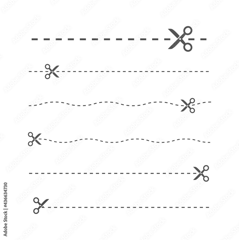 Dashed line and scissors. Cut lines set isolated on white background Dotted lines with scissors. Vector illustration