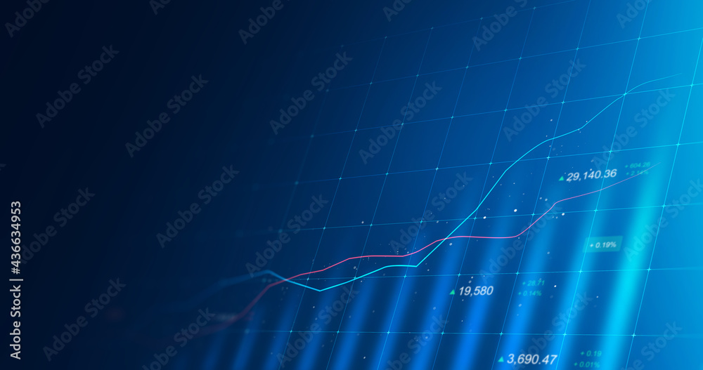 Market chart of business glowing stock graph or investment financial data profit on growth money diagram background with diagram exchange information. 3D rendering. - obrazy, fototapety, plakaty 