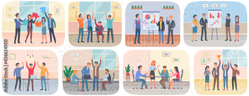 Successful project execution, happy colleagues congratulate each other joyfully raised their hands up. Teamwork, conversation in office. Businessmen discuss company s business strategy scenes set