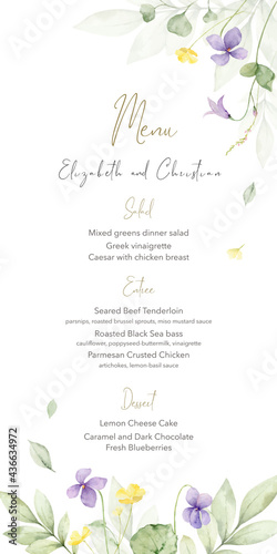 Watercolor hand painted wedding Menu card template.