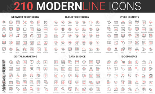 Internet network connection cloud technology, cyber security, digital marketing thin red black line icon vector illustration set. Data science storage information, online commerce, shopping collection