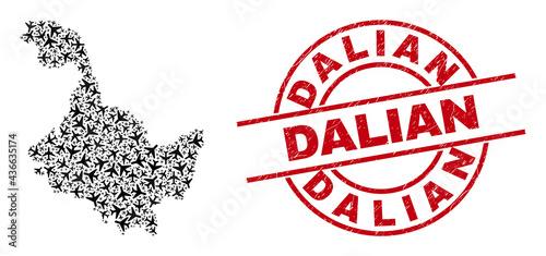 Dalian grunged seal stamp, and Heilongjiang Province map mosaic of jet vehicle items. Mosaic Heilongjiang Province map constructed using jet vehicles. Red stamp with Dalian tag,