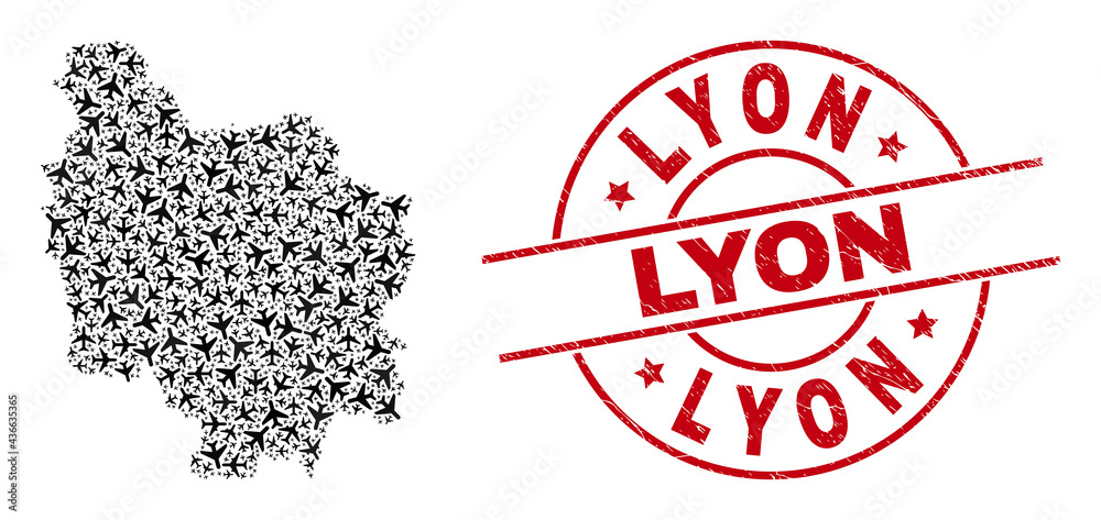 Lyon grunge badge, and Burgundy Province map mosaic of airliner items. Mosaic Burgundy Province map constructed with jet vehicles. Red badge with Lyon text, and grunge rubber texture.