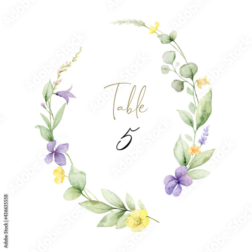 Watercolor hand painted wedding table number card template.