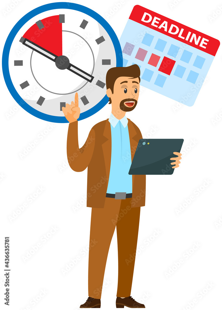 Serious businessman standing, pointing at clock and showing that employee is late. Manager explains few minutes left until end of term. Director keeps track of schedules at work to deal with deadline