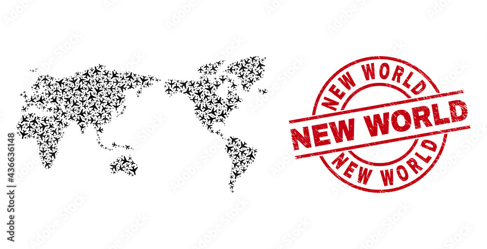 New World scratched stamp, and world map collage of air force items. Collage world map constructed of air planes. Red seal with New World text, and unclean rubber texture.