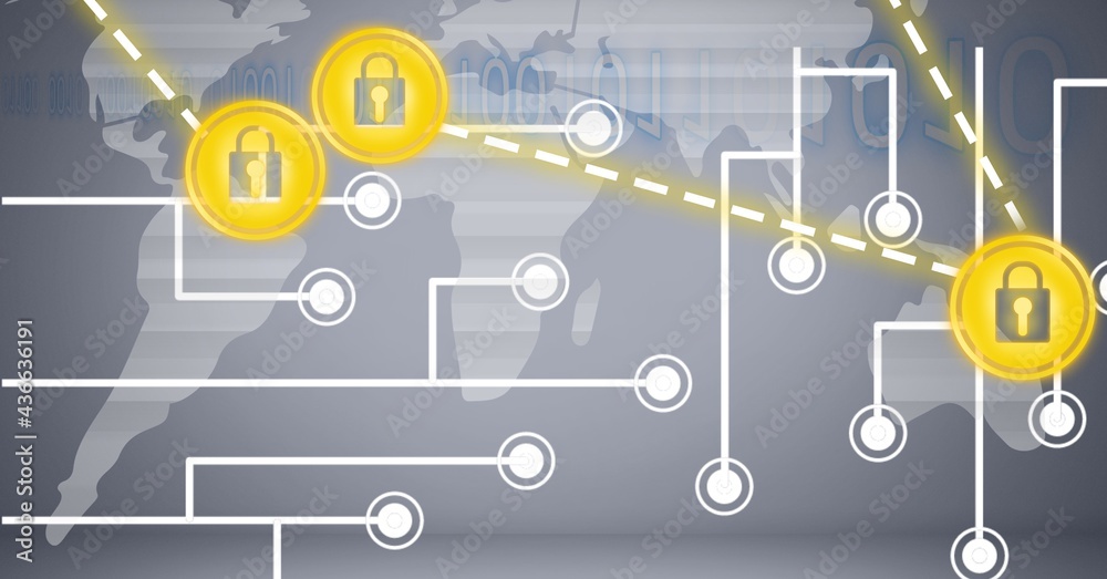 Composition of grey world map with computer motherboard and connected yellow padlock icons Composition of grey world map with computer motherboard and connected yellow padlock icons