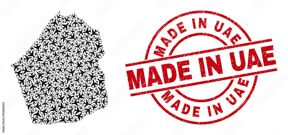 Made in Uae scratched seal, and Dubai Emirate map mosaic of jet vehicle elements. Mosaic Dubai Emirate map constructed with aviation items. Red seal with Made in Uae caption, Made in Uae scratched seal, and Dubai Emirate map mosaic of jet vehicle elements. Mosaic Dubai Emirate map constructed with aviation items. Red seal with Made in Uae caption,