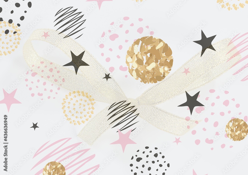 Naklejka premium Composition of black stars, gold circles with textural pink and cream elements on white background