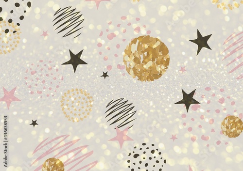 Composition of black stars, gold circles and sparkles, pink and cream shapes on white background