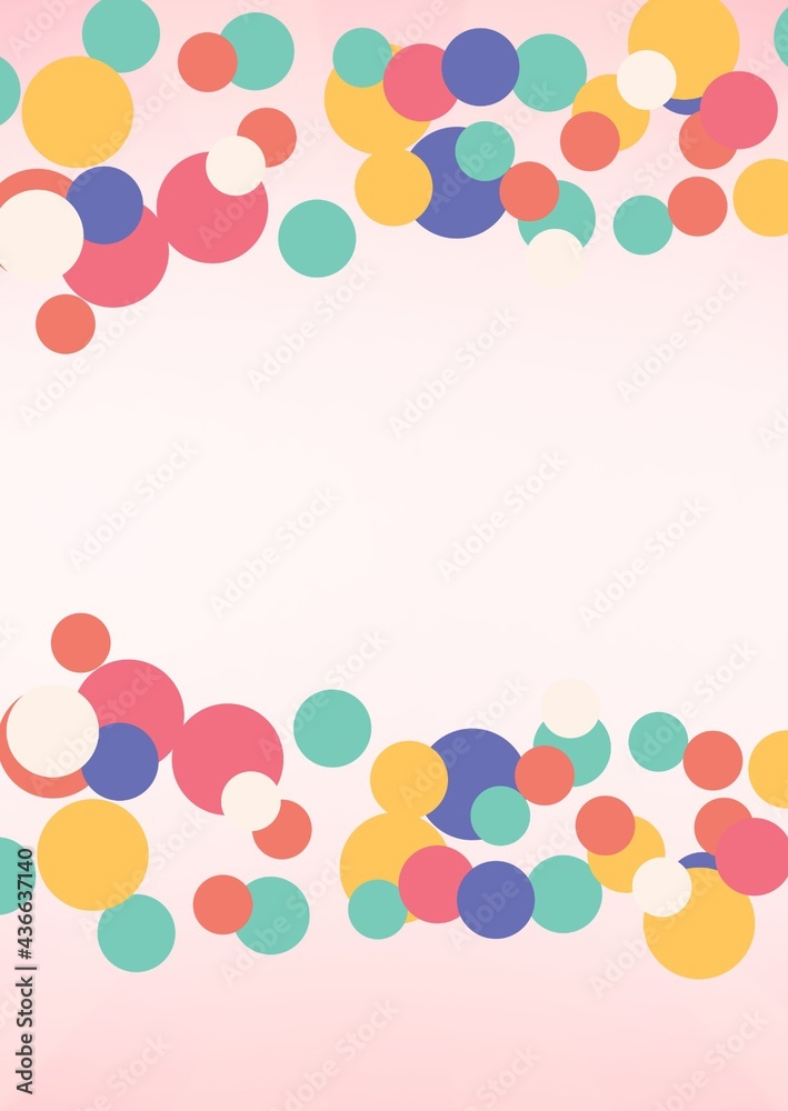 Composition of colourful overlapping circles on cloudy pale pink background with central copy space