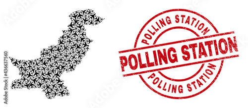 Polling Station grunged seal, and Pakistan map mosaic of jet vehicle items. Mosaic Pakistan map designed of jet vehicles. Red stamp with Polling Station tag, and scratched rubber texture.