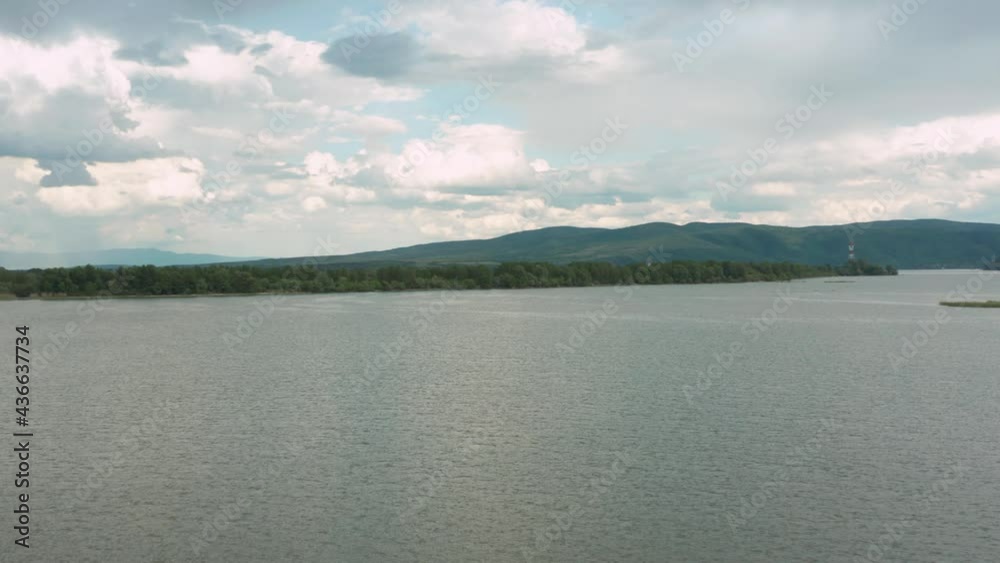 Danube River With Mountainous Island On The Background In Europe. aerial Danube River With Mountainous Island On The Background In Europe. aerial