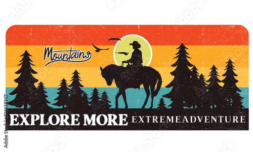 Mountain illustration, western cowboy outdoor, adventure graphic for t shirt and other.