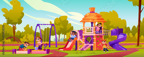 Playground with children playing games outdoors together. Happy childhood on attractions and swings. Kids in sandbox, boys and girls sitting outside. Summer relaxation and fun cartoon vector