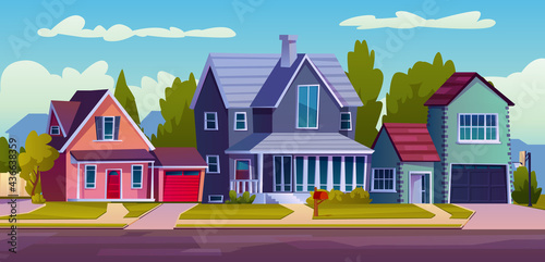 Fotografia Urban or suburban neighborhood, background with cartoon homes with garages, green trees and driveway