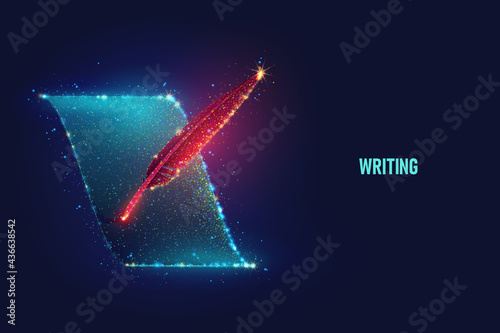 Glowing red feather write on blue sheet of paper vector illustration made of neon particles. Bright magic content writing art in modern abstract style consists of colorful dots.