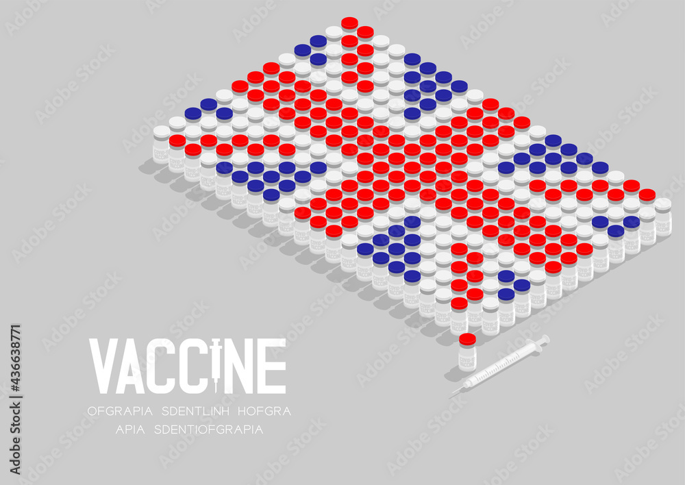 Isometric covid-19 vaccine bottle and syringe, United Kingdom national flag shape, Global Vaccination Campaign Country concept design illustration isolated on grey background with copy space Isometric covid-19 vaccine bottle and syringe, United Kingdom national flag shape, Global Vaccination Campaign Country concept design illustration isolated on grey background with copy space