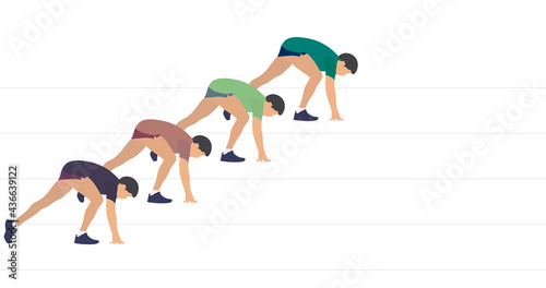 Men sprinters run on track stadium in athletics competition. Vector illustratio.