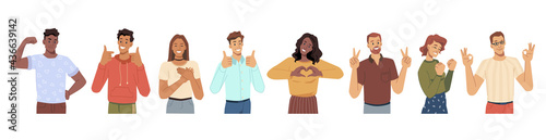 Cheerful men and women gesturing and smiling. Heart sing and thumb up approval symbol, okay and love, luck and success. Male and female characters, young teenagers personages, flat cartoon vector