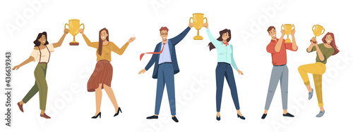 Winners holding trophy and awards, isolated business people, best employees for successful teams. Celebration of victory and luck, happy male and female characters. Vector in flat cartoon style