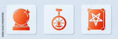 Set Unicycle or one wheel bicycle, Magic ball and Ancient magic book. White square button. Vector