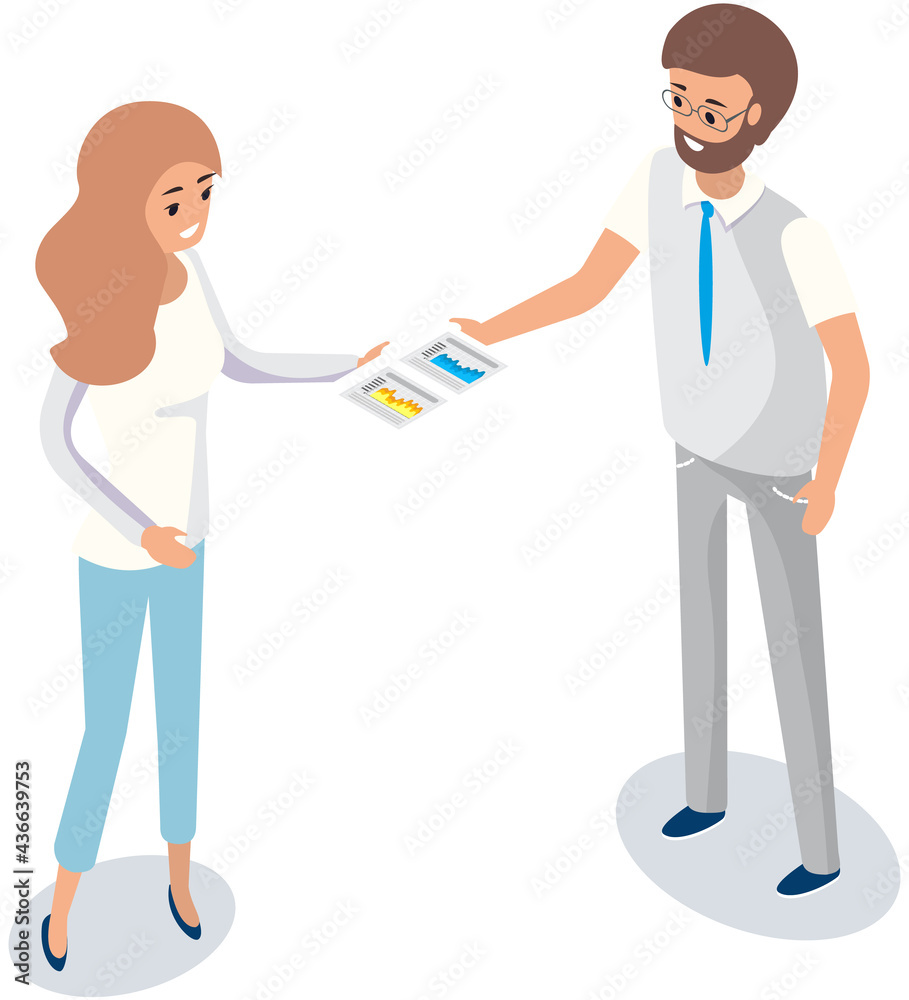 Visualize with graph and chart changes. People work with statistical data analysis, changing indicators. Employees doing paperwork isolated on white background. Man gives woman statistical report Visualize with graph and chart changes. People work with statistical data analysis, changing indicators. Employees doing paperwork isolated on white background. Man gives woman statistical report