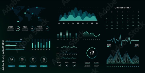 UI infographic data screen. Admin panel with graphs charts diagrams statistics, futuristic user interface. Vector design
