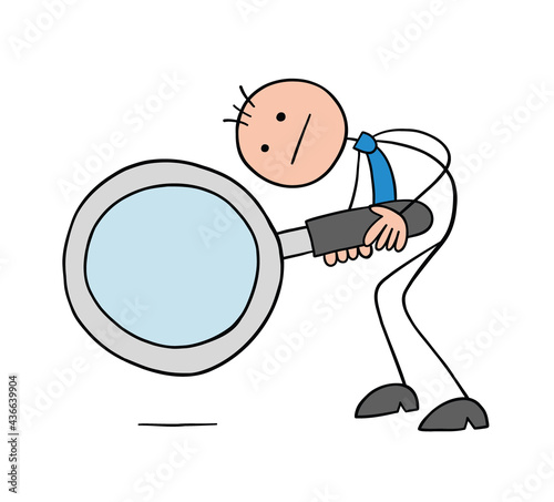 Stickman businessman character looking down with a magnifying glass, vector cartoon illustration
