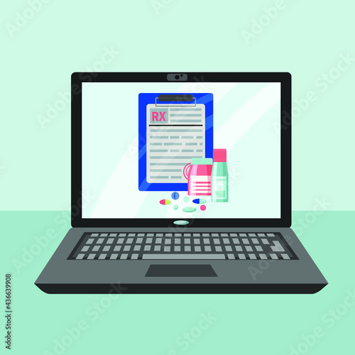 Illustration of the RX prescription drug . Online consultation, remote doctors appointment. A prescription form with a document and medications on the laptop screen