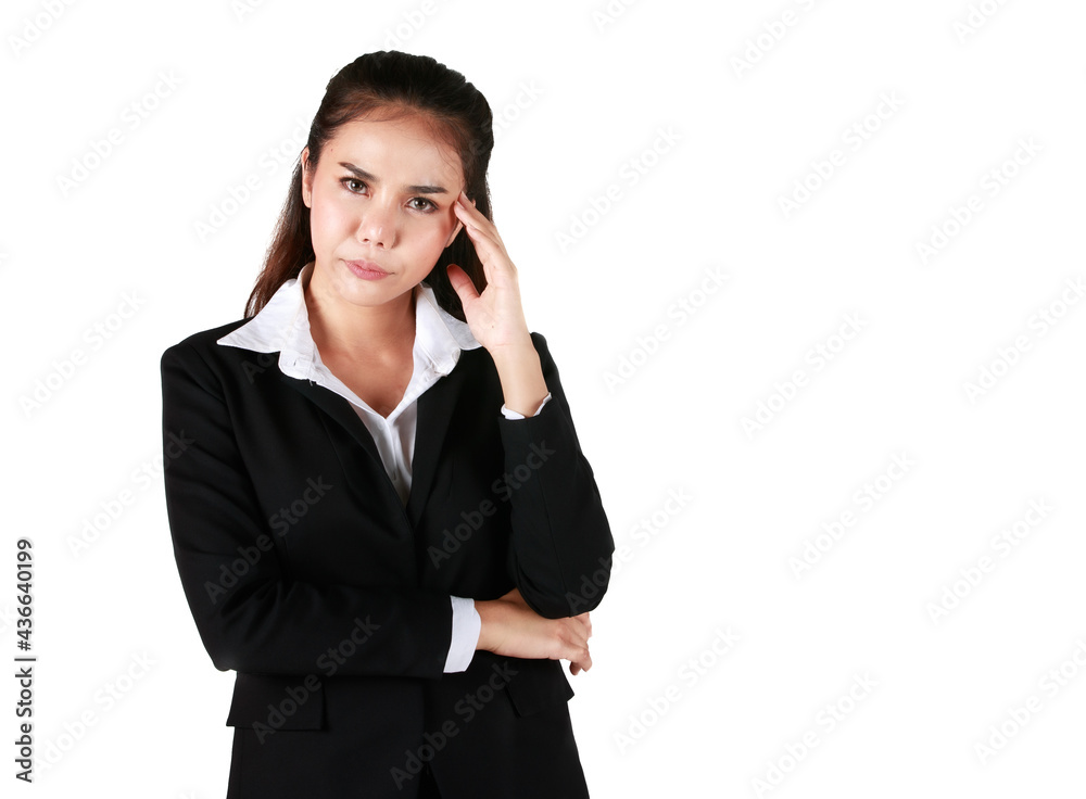 Asian woman wearing black suit holding hand Show headache. Businesswoman showing enough symptoms in white background. Concept Tense serious dissatisfied. Asian woman wearing black suit holding hand Show headache. Businesswoman showing enough symptoms in white background. Concept Tense serious dissatisfied.