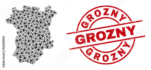 Grozny rubber badge, and Chechen Republic map mosaic of aircraft items. Mosaic Chechen Republic map constructed of aeroplanes. Red imprint with Grozny word, and scratched rubber texture.